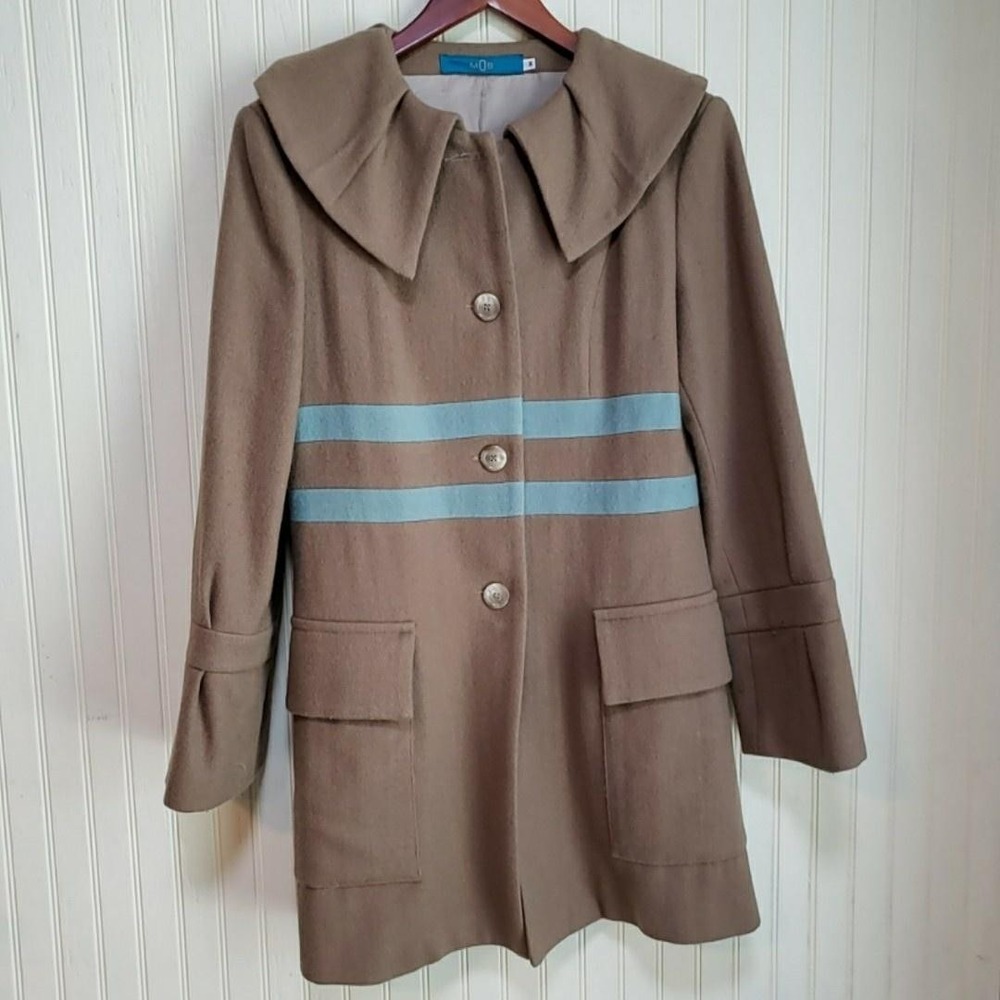 MOB Coat Womens Small Brown Wool Stripe Single Breasted Pockets Mid Length